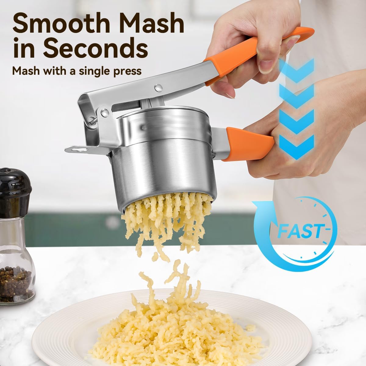 Potato Ricer, AMOHEE 15oz/425g Large Stainless Steel Potato Masher Upgrade Heavy Duty Design with Anti-Slip Handle Ricer for Mashed Potatoes & Food Press for Fruits, Carrots, Yams, Orange