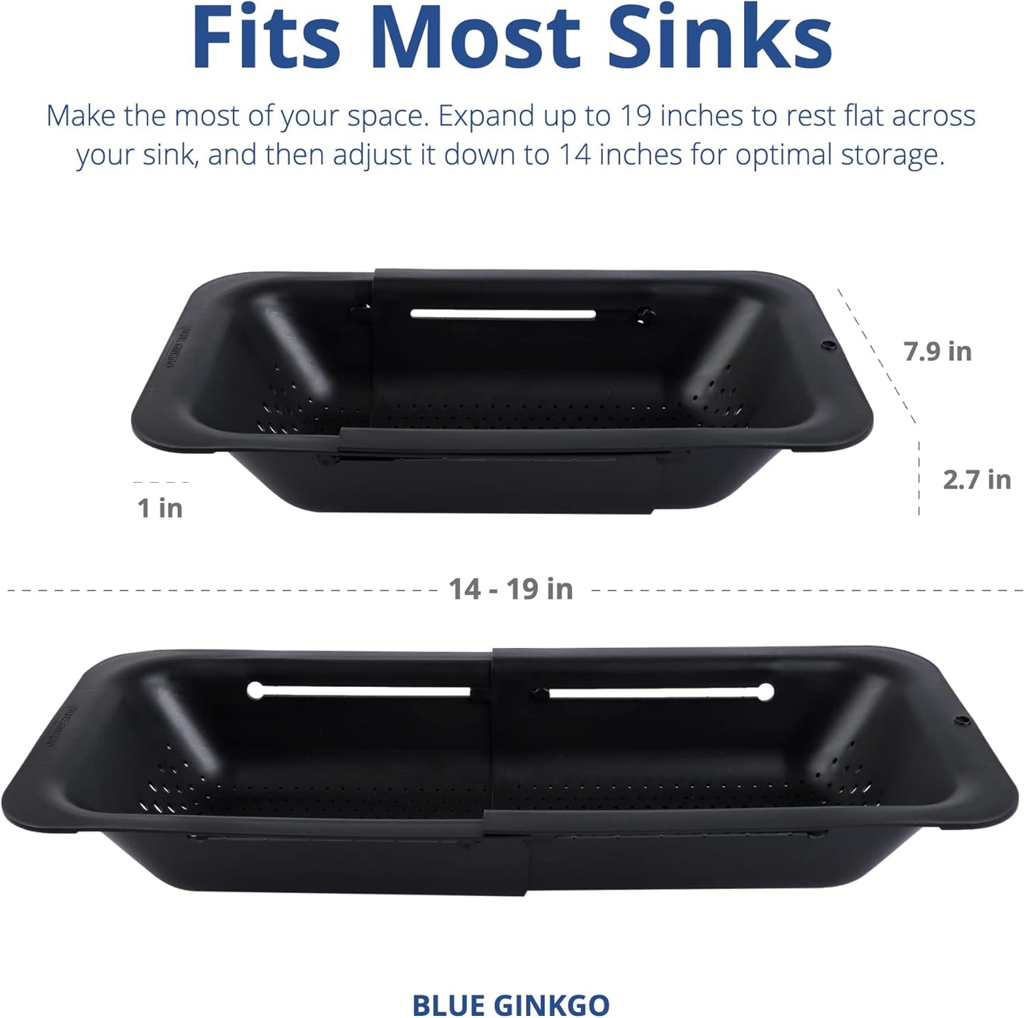 BLUE GINKGO Sink Colander Baskets - (Pack of 2) Wash Vegetables and Fruits, Drain Cooked Pasta and Dry Dishes - Extendable - New Home Kitchen Essentials (2 Black)