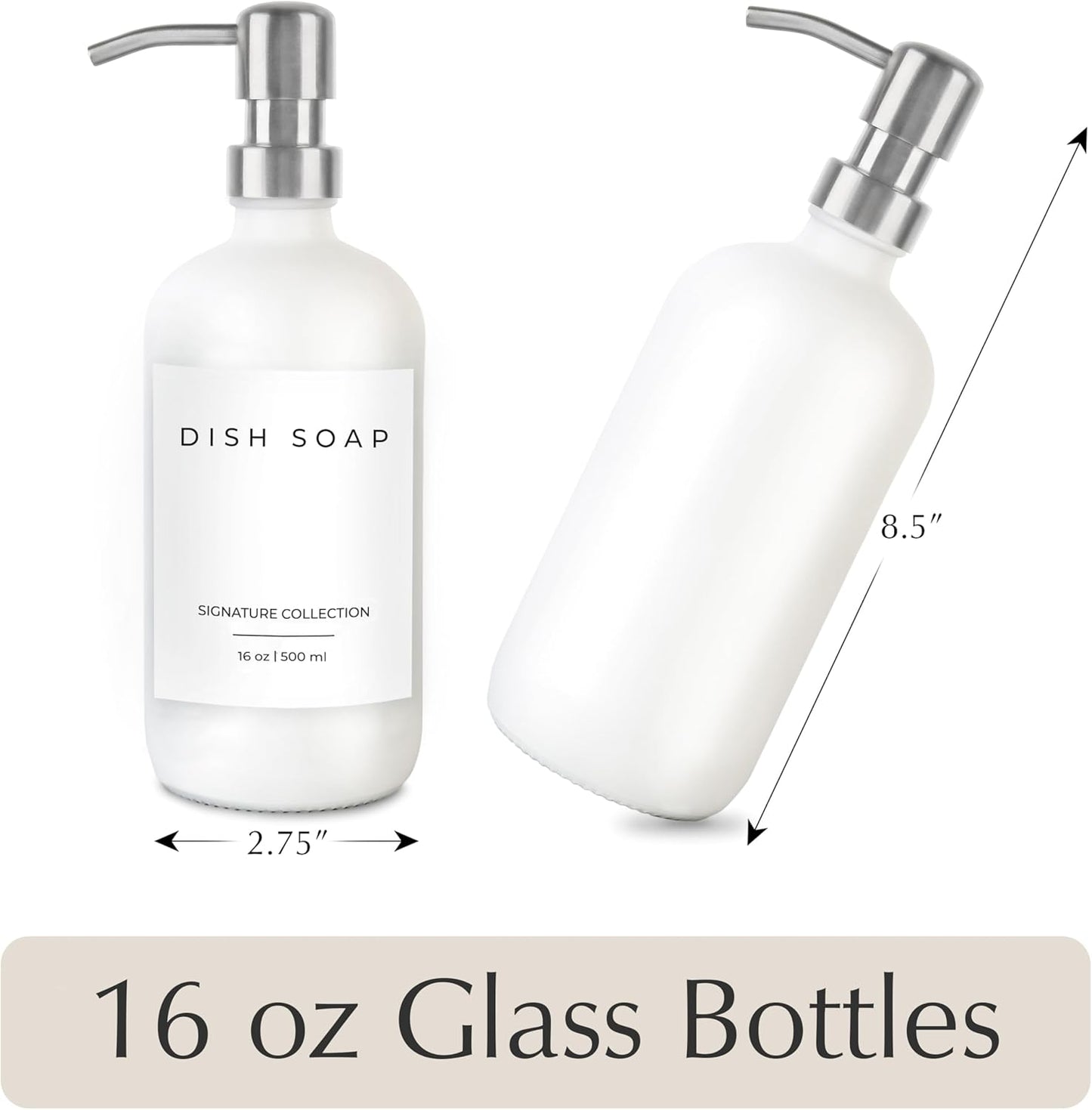 Emerson Essentials Soap Dispenser, Dish Soap for Kitchen - Hand Dispenser Bathroom Set, Kitchen Set Glass Soap Bottles with Pump and Labels, 16 Oz, 2 Pack