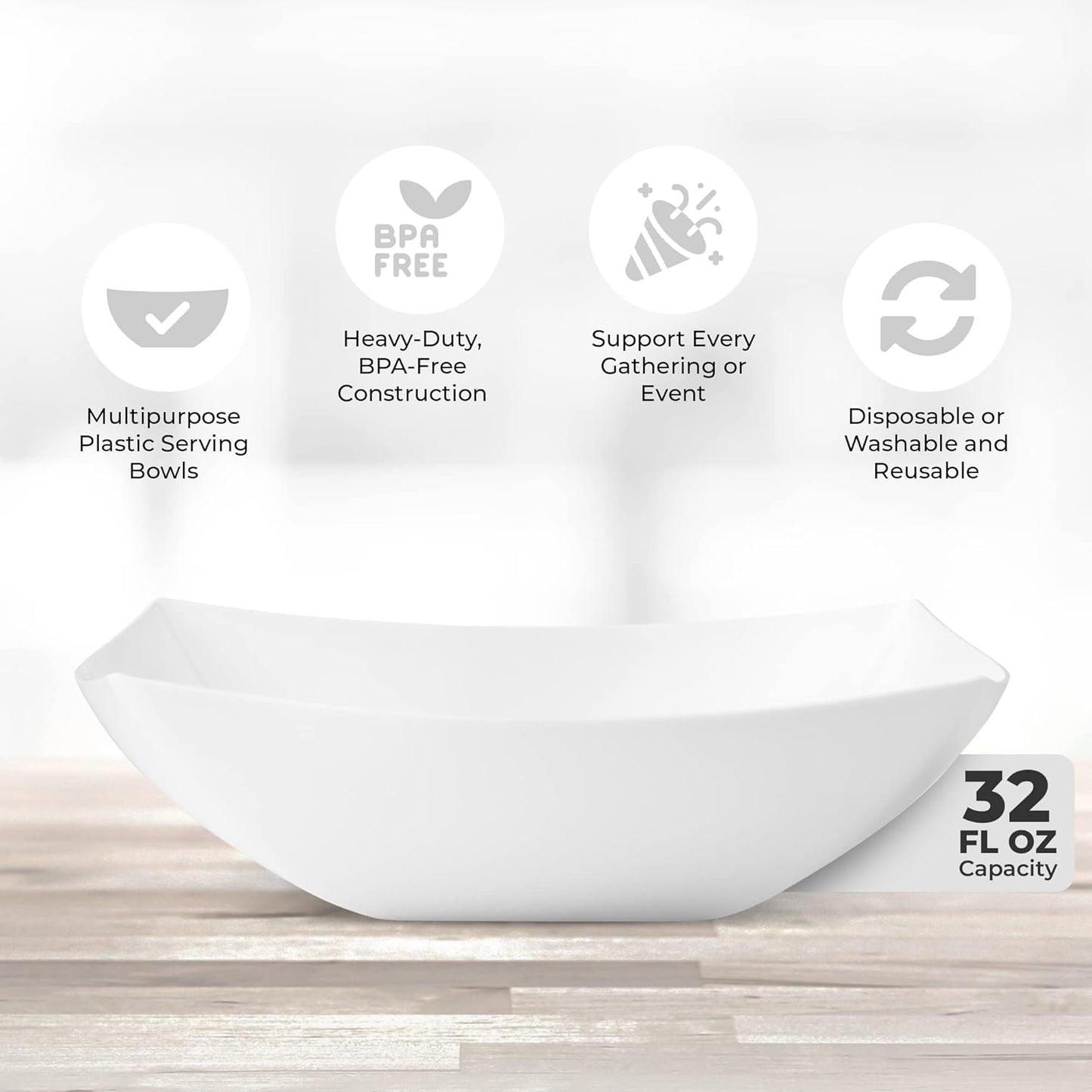 Posh Setting - White Plastic Serving Bowls for Party (32oz - 4 Pack) Square Bowls, Disposable Chip Bowls, Candy Bowls for Party Table, Salad & Fruit Bowls for Party, Candy Containers for Candy Buffet