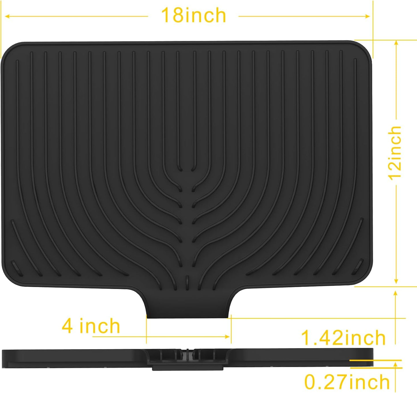 Kitchen Drying Mat,Raised Edge 18"×12"Silicone Dish Drying Mat with Drain Spout for Kitchen Counter, Kitchen Mat for Dishes Drying, (black)