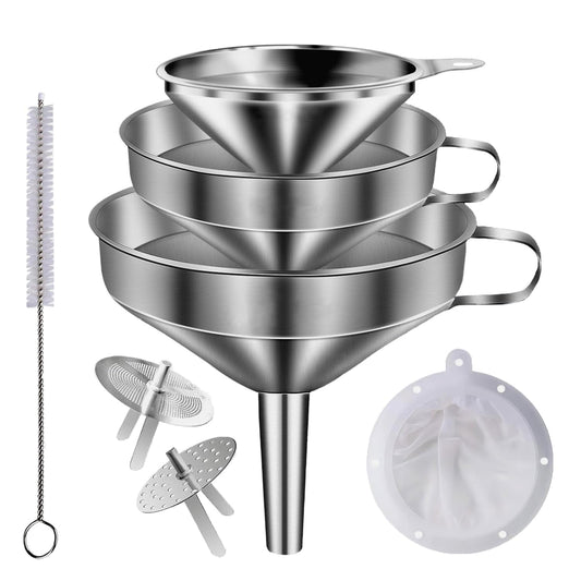 Stainless Steel Funnels for Kitchen use,3PCS Large Kitchen Metal Funnel with 2 Removable Strainer,Cleaning Brush,200 Mesh Food Filter,Funnel for Filling Bottles,for Transferring of Liquid,Oils,Jam