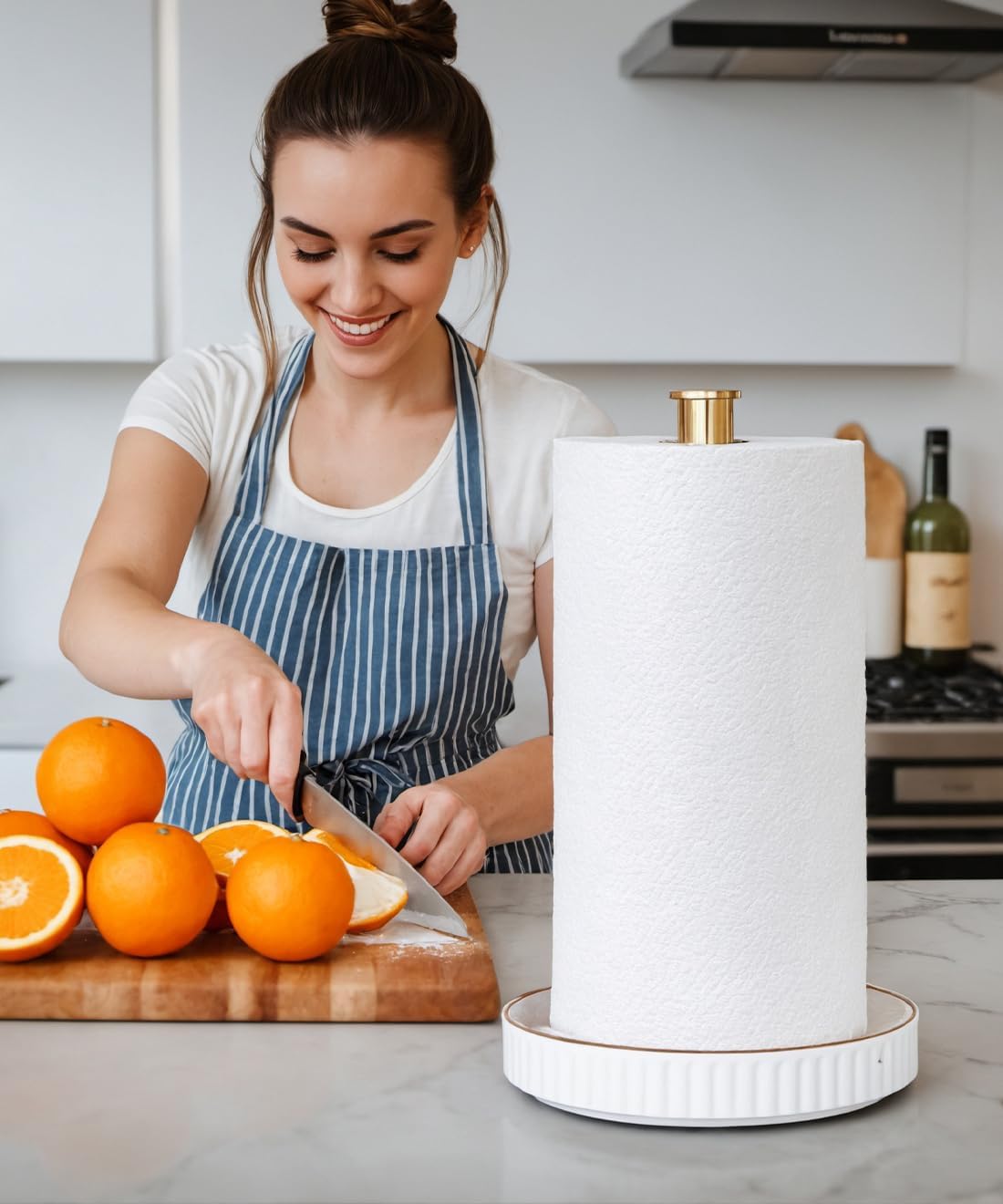 VROOMIUM Gold Paper Towel Holder Countertop, Ceramic Base Easy-to-Clean, 1.5 lbs, 7" B x 12.5" H, Stable Elegant and Durable Kitchen Roll Stand