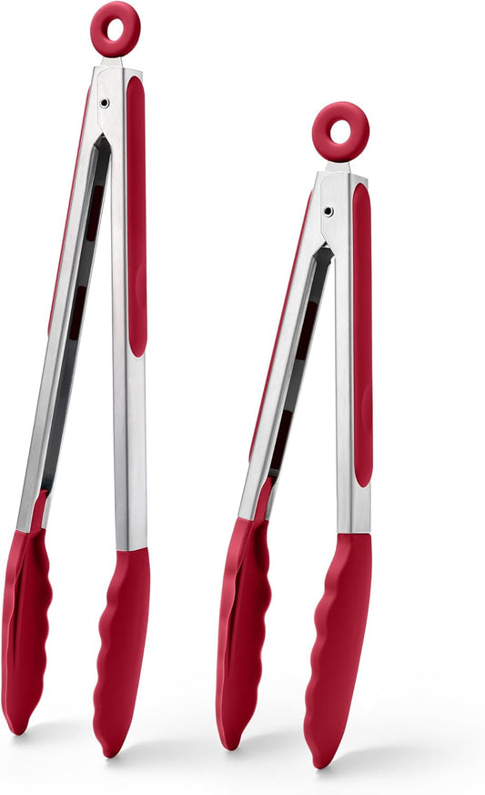 Doosu Kitchen Tongs for Cooking - 600°F Heat Resistant Food Tong Set with Non-Scratch Silicone Tips, Heavy Duty Stainless Steel Locking Tong for BBQ, Grilling Steak, Serving Salad (9+12in, Red)