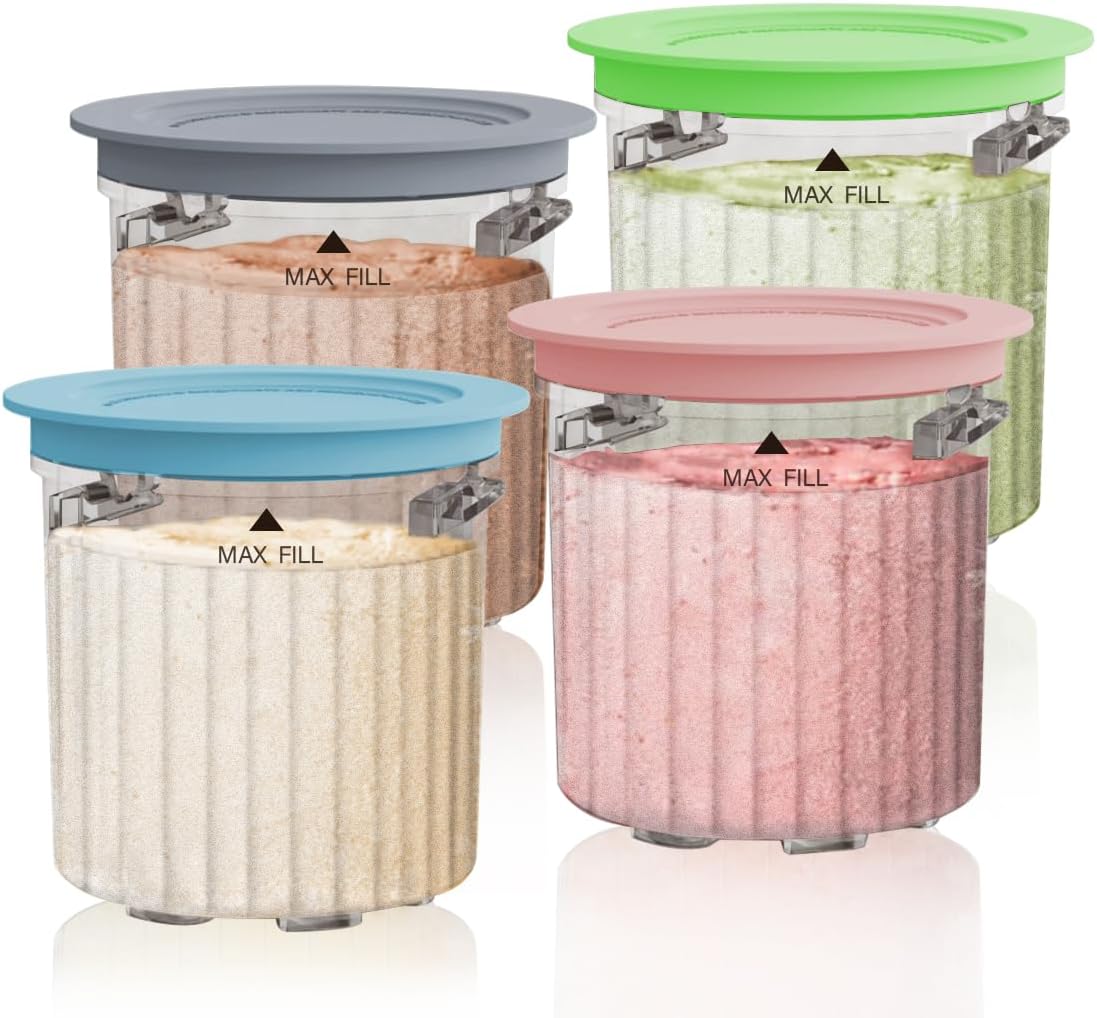NANOBABY Pint Containers and Lids Replacement Compatible with Ninja Creami Breeze NC100/NC200 Series Ice Cream Makers, 16oz Pint Cups Replacement for NC101 NC201 NC201Q NC205A, 4-Pack, BPA Free, Clear