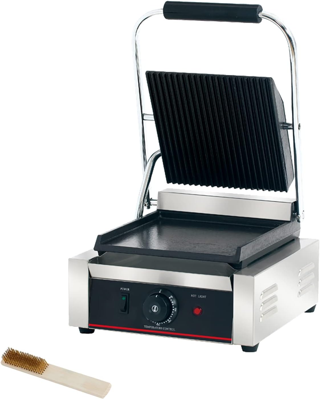 Commercial Panini Press With Grooved Grill Sandwich Maker Machine Electric Contact Grill Single (Single Grooved Top&Smooth Bottom)