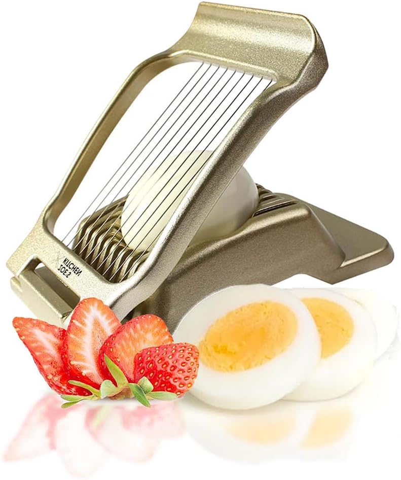 Zoe's Kitchen Good Grip Egg Slicer for Hard Boiled Eggs Heavy Duty Professional Large Aluminum Egg Slicer with Stainless Steel Wires Kitchen Aid Egg, Strawberry Slicer Hard Boiled Egg Cutter (Golden)