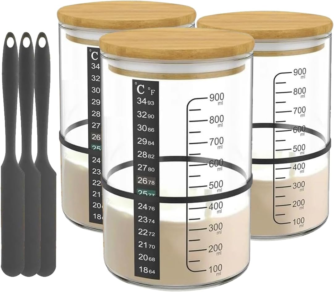 BRIRILINE Pro Sourdough Bread Starter Kit - 34 oz sourdough jar with 5 unique features for the perfect sour dough bread & sourdough starter kit - baking supplies (34oz-3pack)