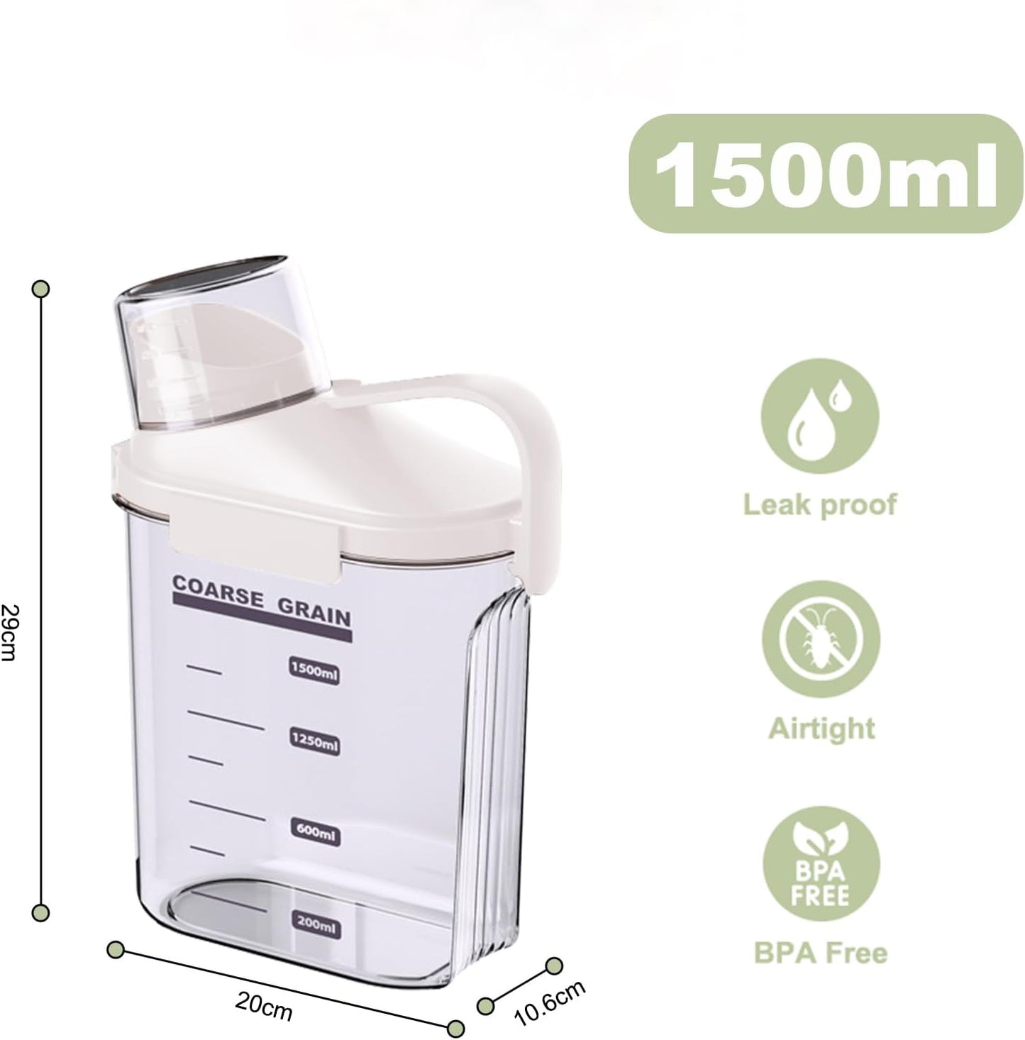 1 PCS Airtight Dry Food Container, Clear BPA-Free Plastic Cereal Containers Storage for Kitchen Pantry, Rice Cereal Flour Holder with Pouring Spout Measuring Cup, White, 51fl.oz/1.5L