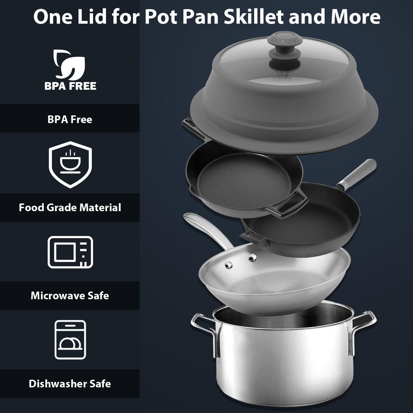 Collapsible Microwave Splatter Lid with Vented Tempered Glass Cover Wok Lid for Microwave Safe, Stockpot Steamer Pot Pan 10.5-11 inch Universal Multifunction Silicone Cover