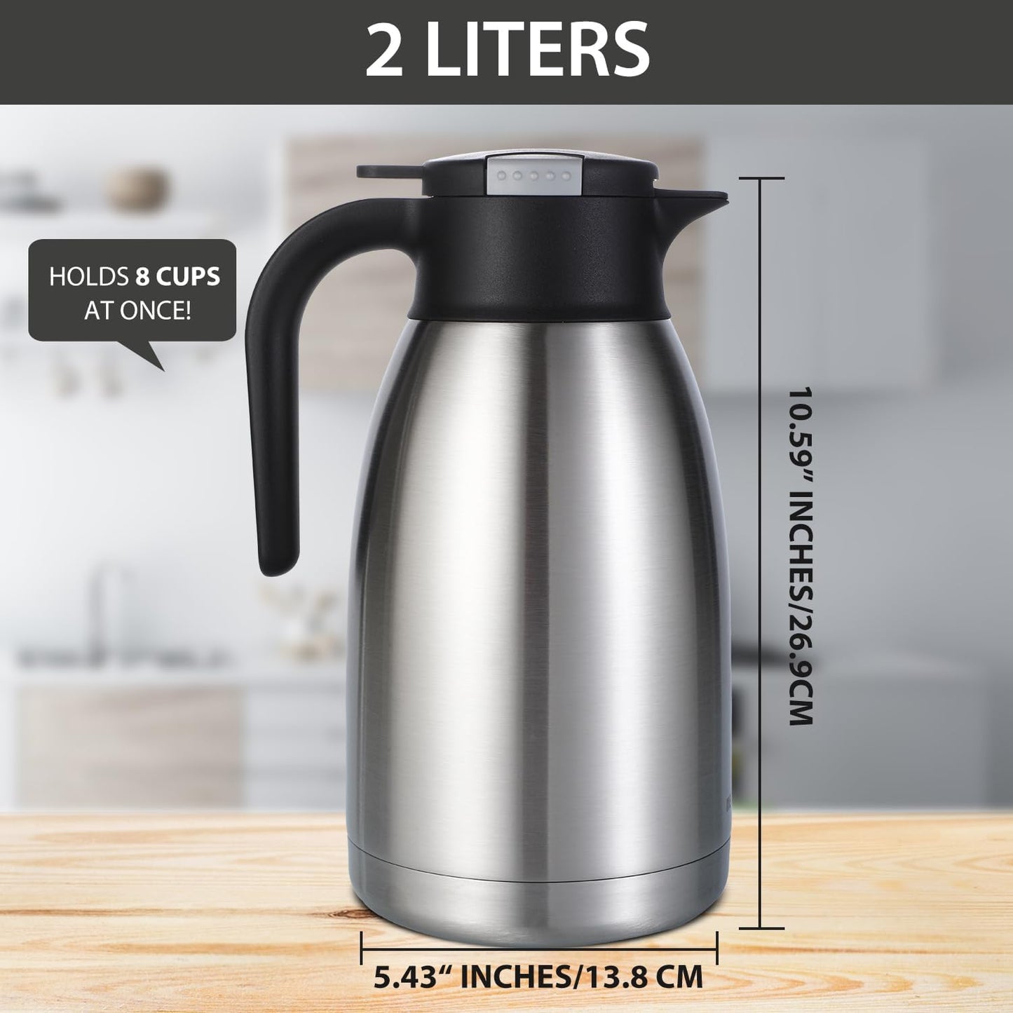 Heritage66 Thermal Coffee Carafe Dispenser, Triple Wall Stainless Steel, Vacuum Insulated, 34 oz/1 Liter, Keeps Hot 12 Hours (2 Liter / 68 Oz)
