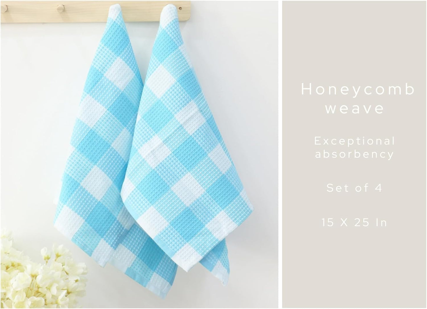 PurpleEssences 100% Cotton Waffle Weave Check Plaid Kitchen Towels, Super Soft and Absorbent Dish Towels for Drying Dishes 15 x 25-4 Pack - Spring Summer - Aqua Blue and White