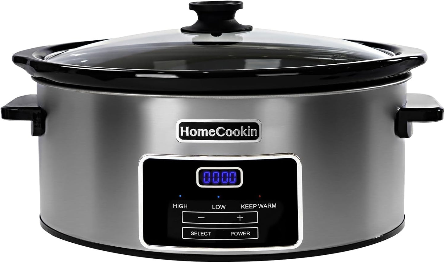 HOMECOOKIN 6-Quart Digital Programmable Slow Cooker with Timer - Small Kitchen Appliance for Family Dinners - Serves 6+ People - Heat Settings: Keep Warm, Low and High