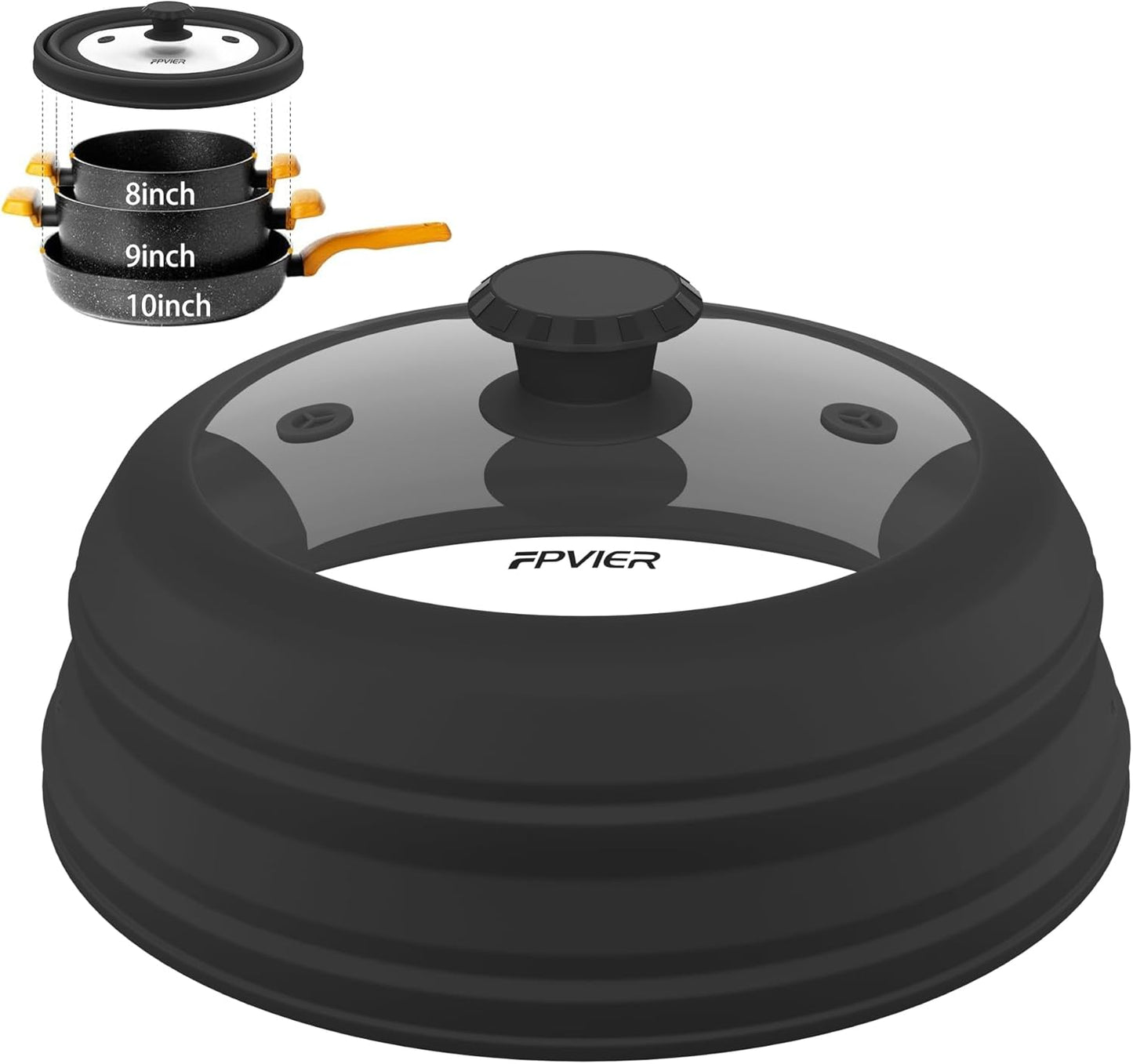 Collapsible Microwave Splatter Cover - Vented Silicone & Glass Lid with Easy-Grip Handle, Fits 6 to 10 Inch Plates & Bowls, 10.8 Inch Diameter, Prevents Splatters & Ensures Even Heating