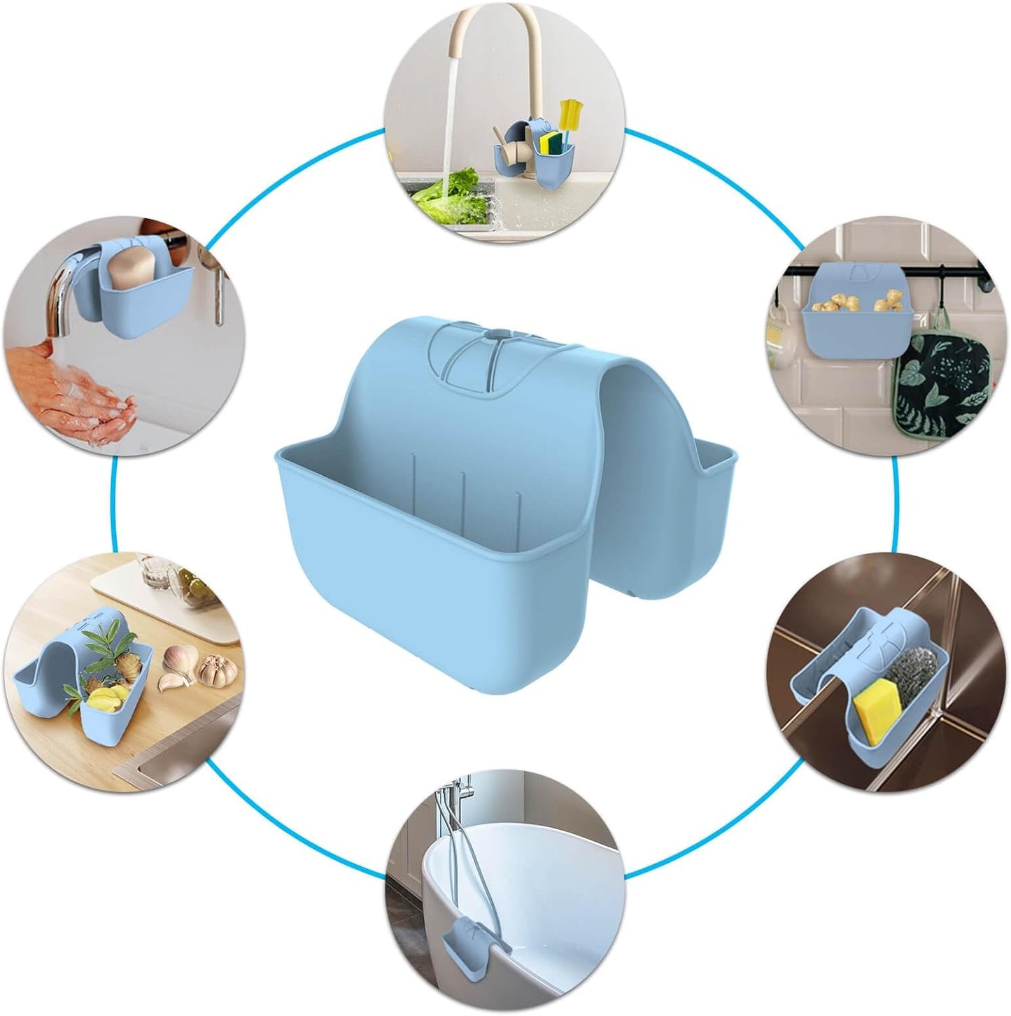 Sponge Holder for Kitchen Sink, Silicone Sink Saddle Caddy Organizer Rack, Sponges Holder Over Faucet, Hanging Kitchen Organizer Accessories Rack Basket Light Blue