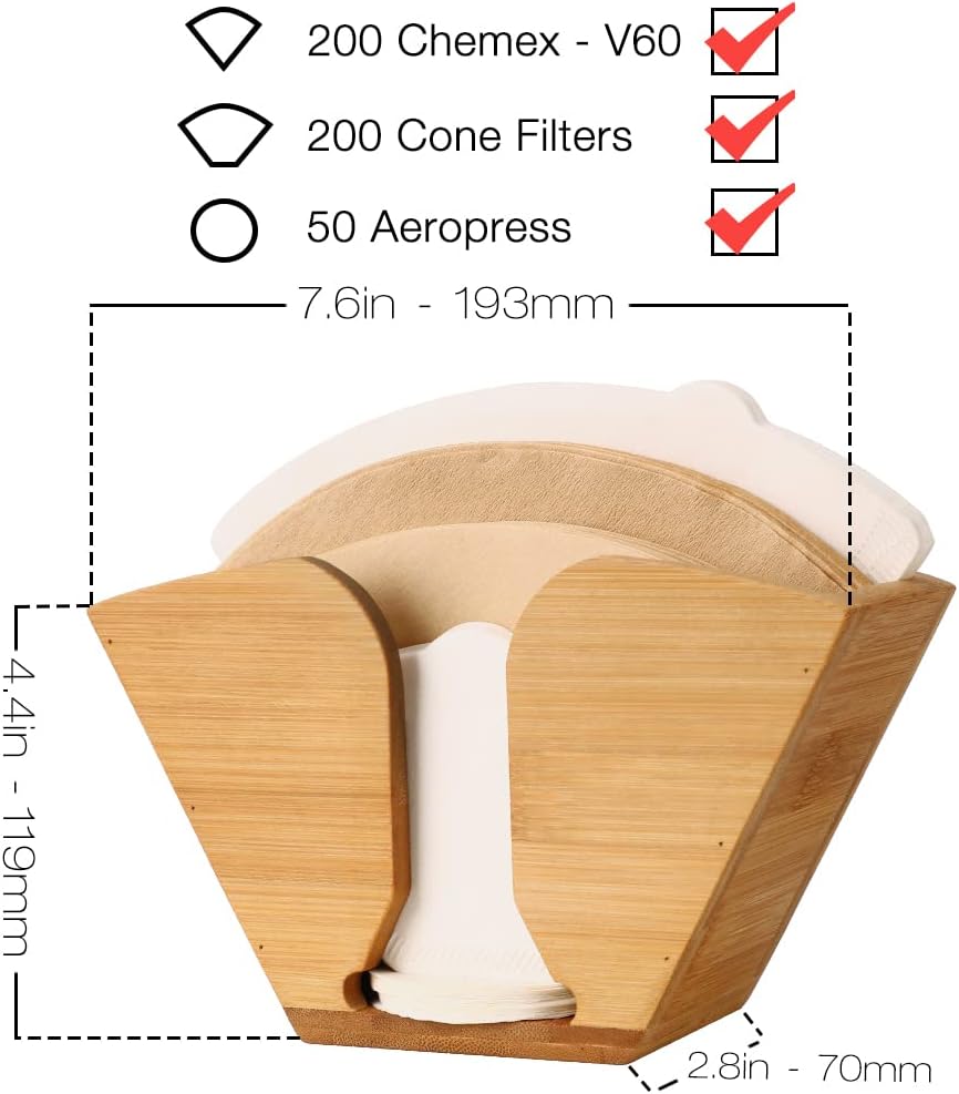 Unibene Bamboo Coffee Filter Holder, Coffee Paper Storage Container Dispenser Rack Shelf for Aeropress, Chemex, Hario V60 and Melitta Cone Filters