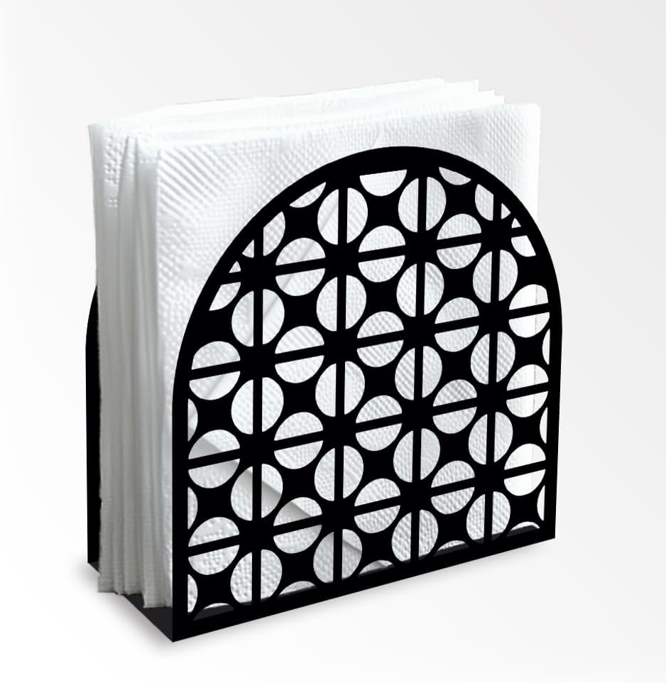 Modern Geometric Round Decorative Black Metal Napkin Holder for Table, 4.9" x 4.9" x 1.9" Standing Napkin Holder for Home Kitchen Restaurant Picnic Party Coffee Bar Dining Room