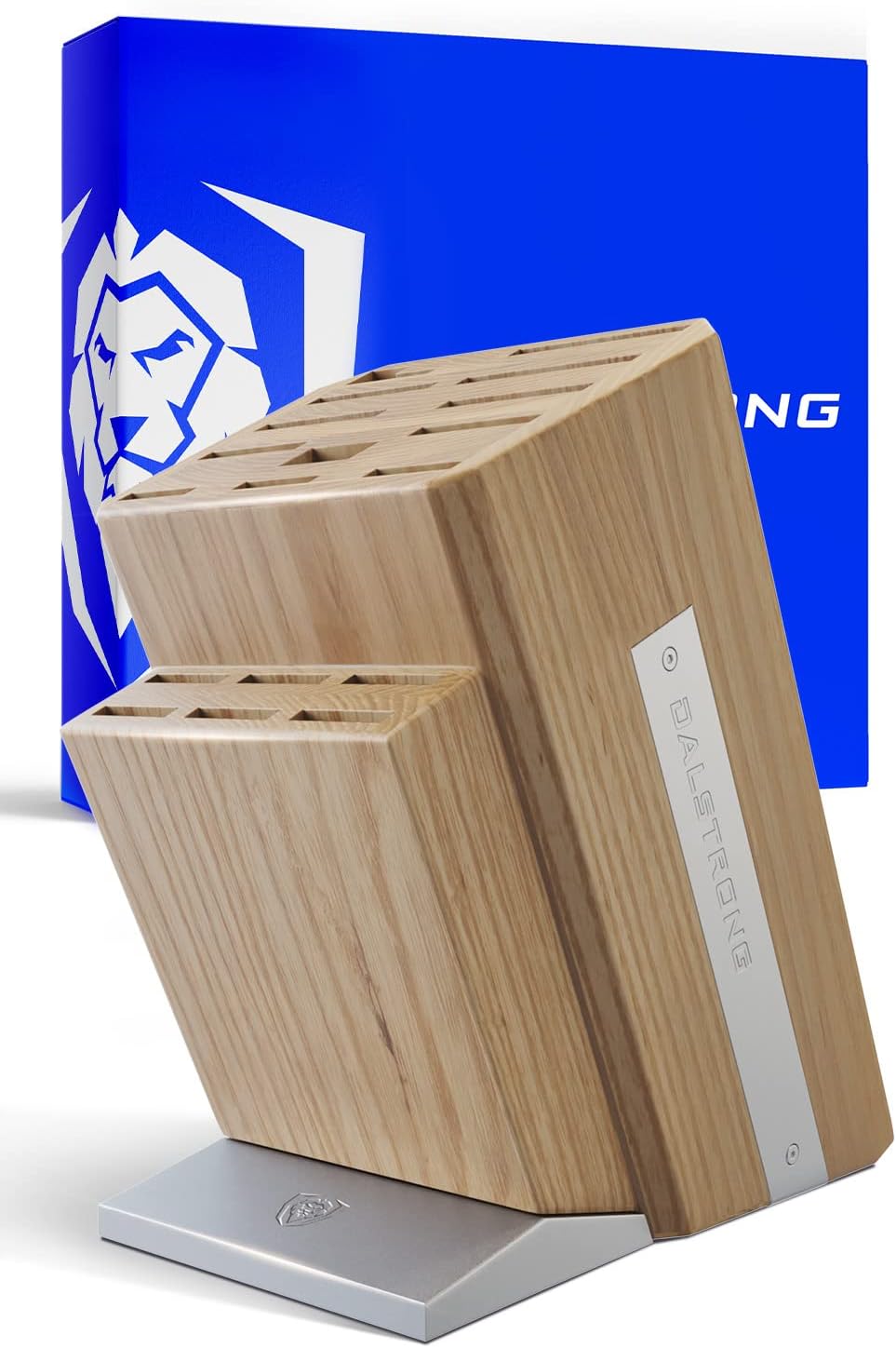 DALSTRONG Universal Knife Block - 18 Slots - Premium American Ash Wood - Aluminum Alloy Rim Kitchen Set - Lion Head Logo Badge - Premium Craftsmanship Knife Set - Angled For Ergonomics - Cleans Easily