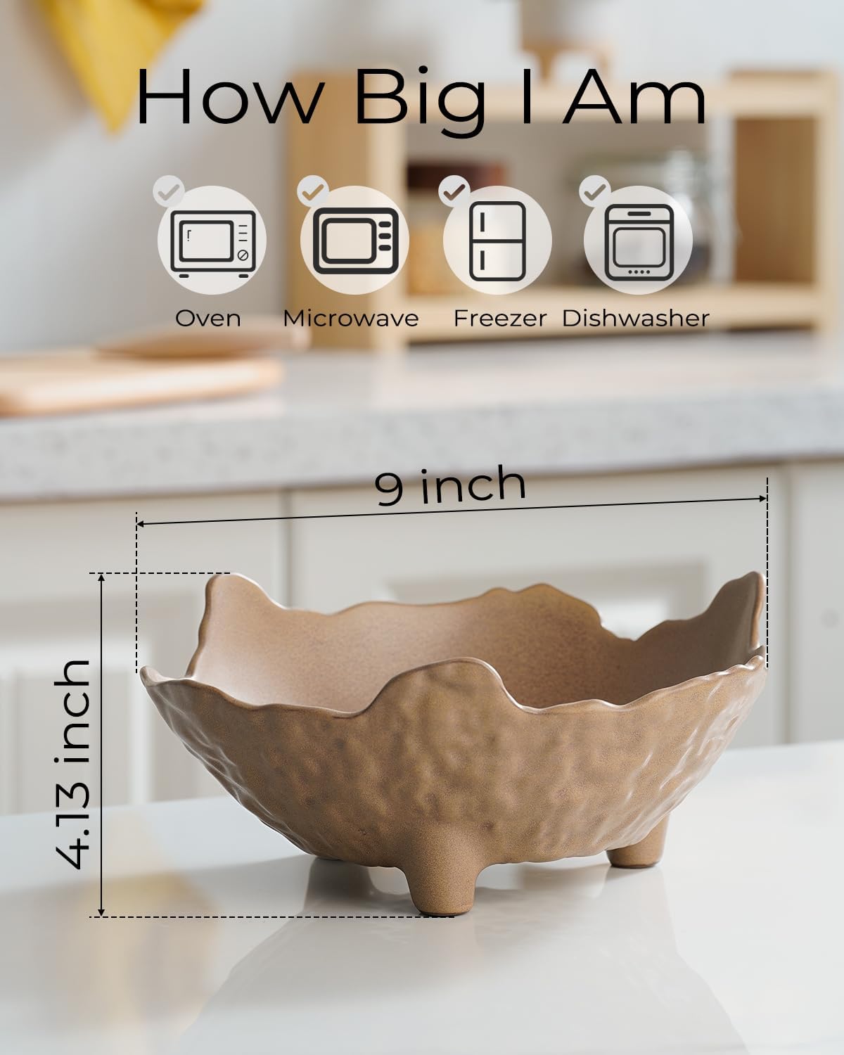 Fruit Bowl for Kitchen Counter, Porcelain Decorative Bowl for Home Décor Modern Pedestal Bowl with 3-Legs Large Centerpiece Bowl for Breads, Nuts, Brown