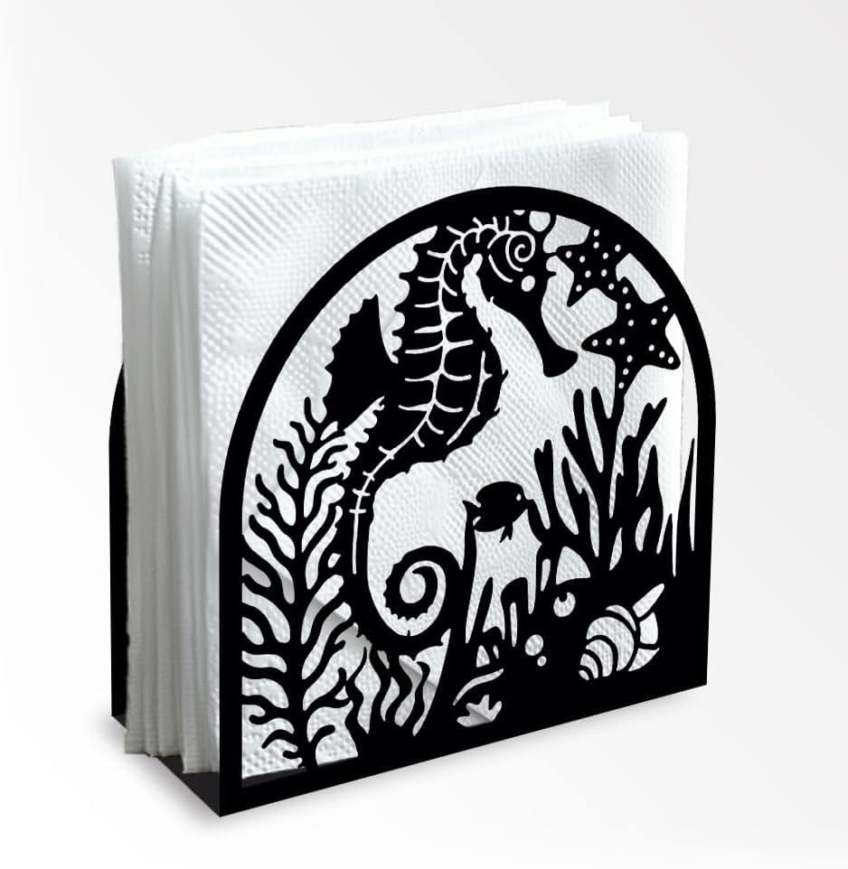 Seahorse and Coral Decorative Black Metal Napkin Holder for Table, 4.9" x 4.9" x 1.9" Ocean Standing Napkin Holder for Home Kitchen Restaurant Picnic Party Coffee Bar Dining Room
