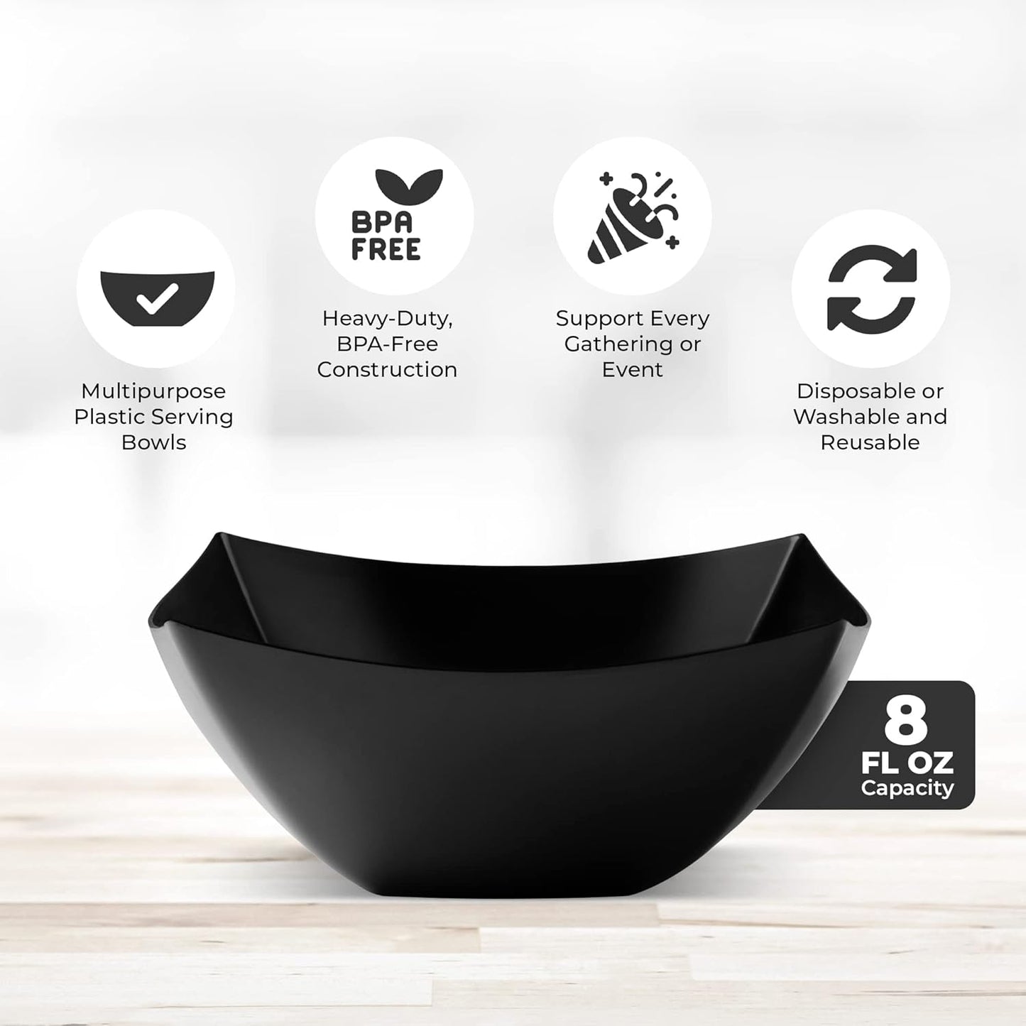 Posh Setting - Black Plastic Serving Bowls for Party (8oz - 4 Pack) Square Bowls, Disposable Chip Bowls, Candy Bowls for Party Table, Salad & Fruit Bowls for Party, Candy Containers for Candy Buffet