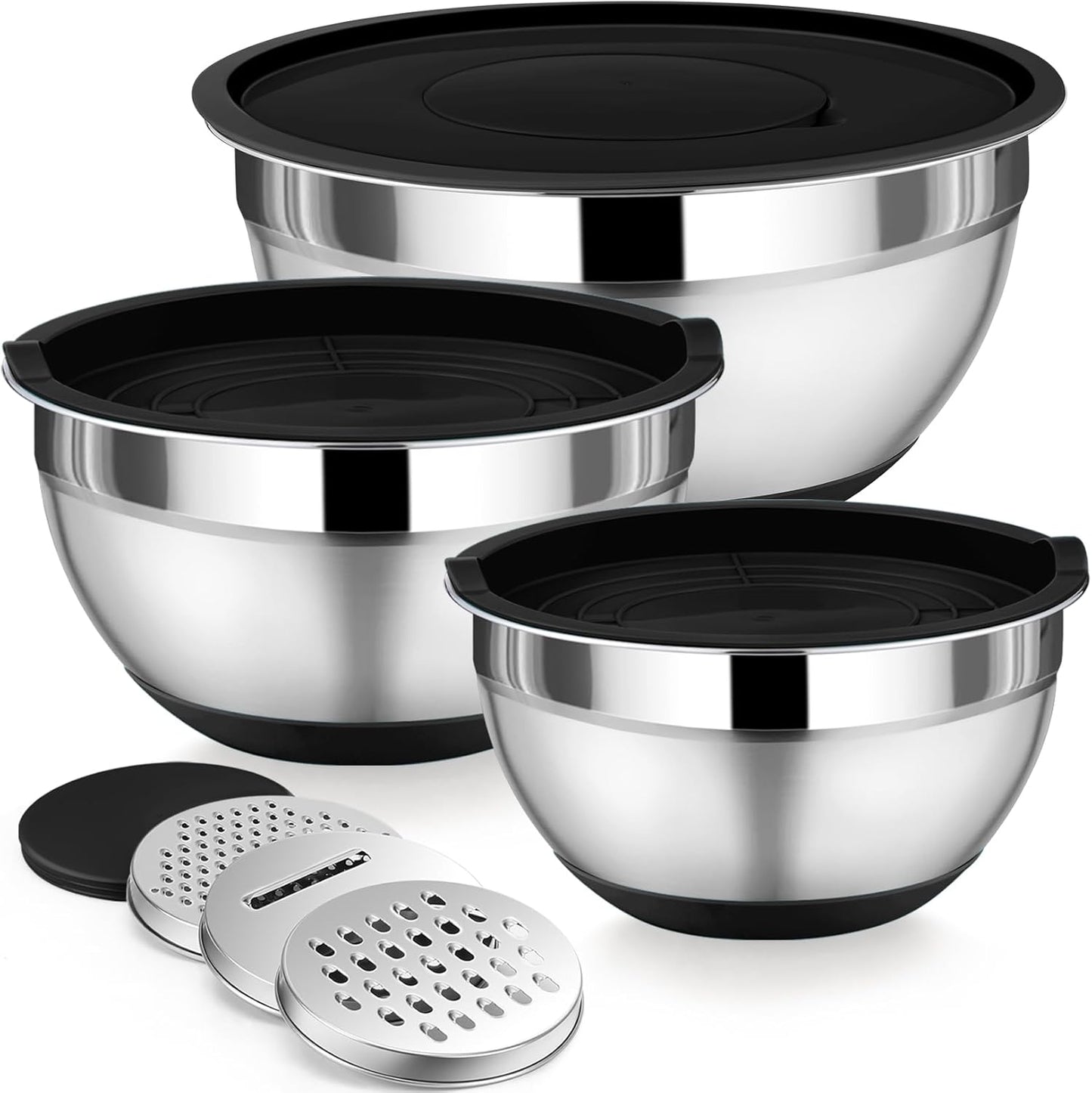 P&P CHEF Mixing Bowl with Lids Set of 3, Stainless Steel Nesting Salad Bowls for Serving Preparing, 3 Grater Attachments & Non-Slip Bottoms, Size 1.5/2.6/4.6 QT, Black