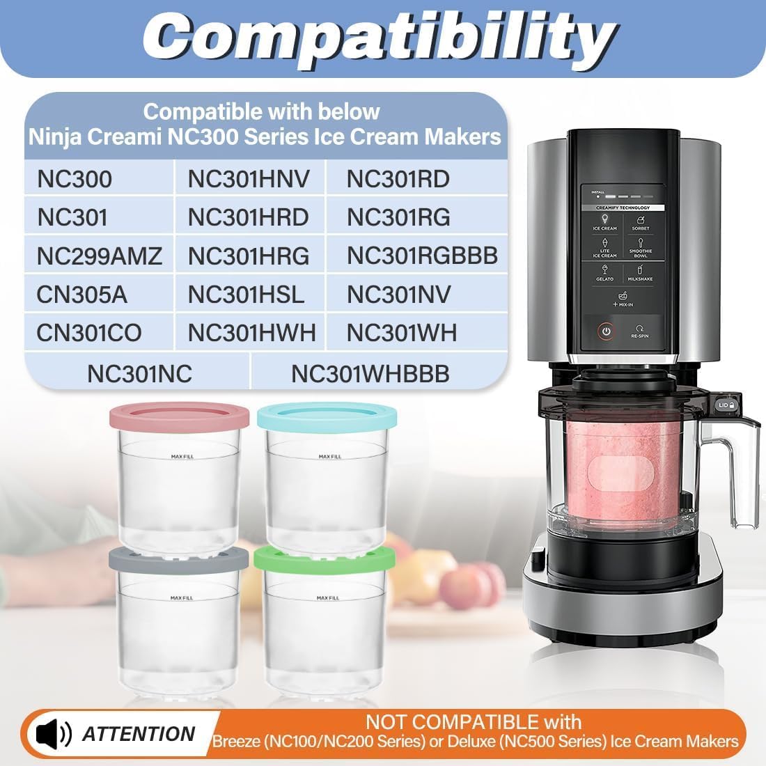 Containers Replacement for Ninja Creami Pints and Lids - 2 Pack, 16oz Cups Compatible with NC301 NC300 NC299AMZ NC290 Series Ice Cream Maker - BPA-Free & Dishwasher Safe
