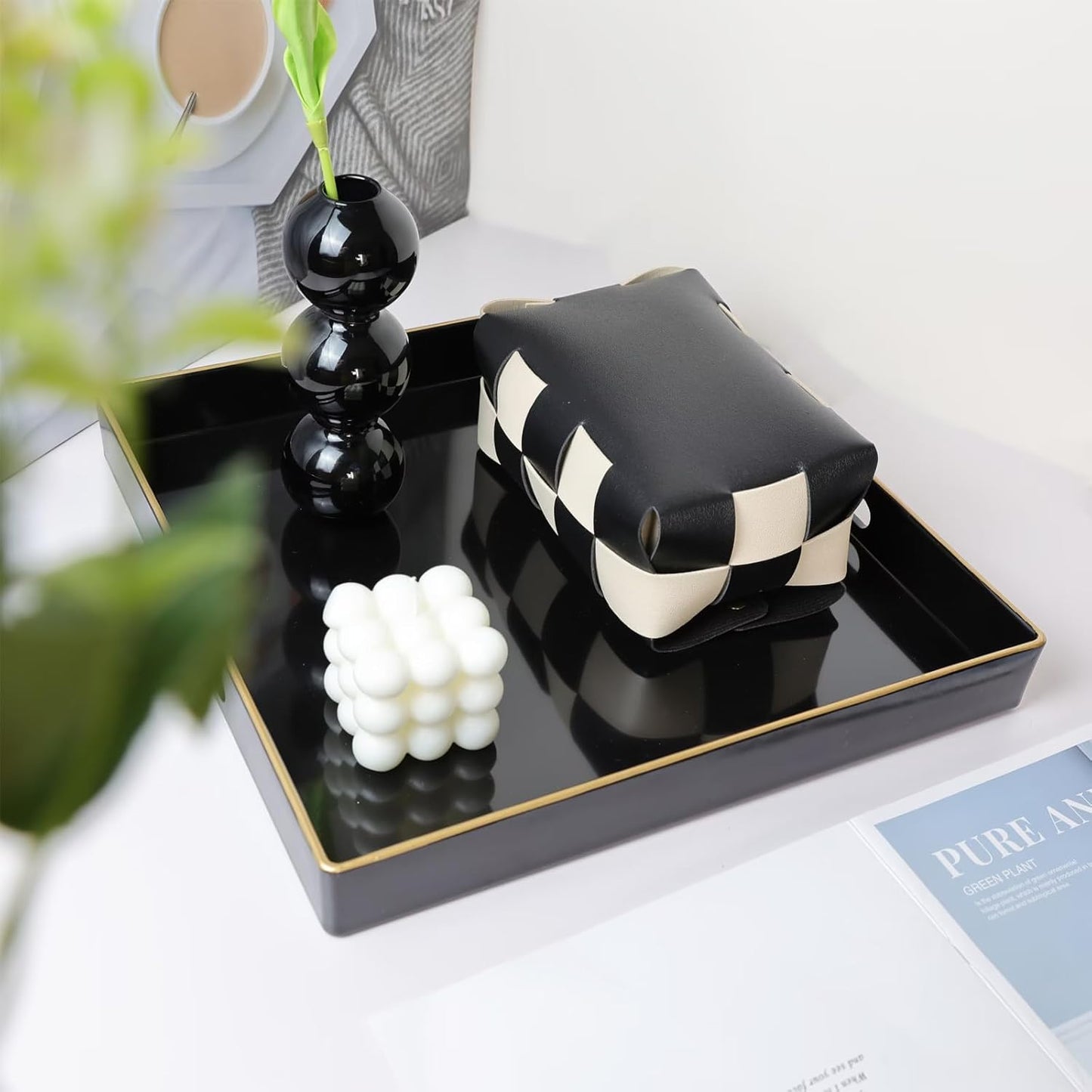 Spsyrine Black Decorative Tray for Living Room, Square Modern Plastic Coffee Serving Table Tray for Ottoman Bathroom Kitchen, 13"*13"