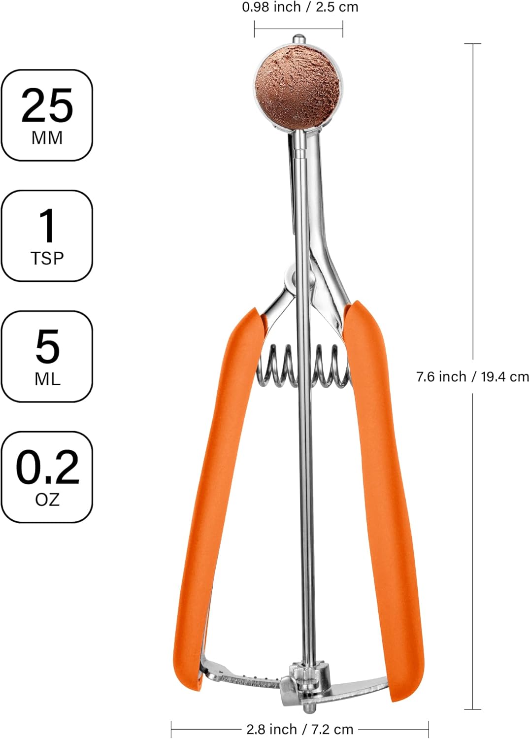 TJ POP Extra Small Cookie Scoop, 1 Tsp Cookie Scoop, Mini Ice Cream Scoop for Melon Baller, Cookie Dough, 0.2oz/ 25mm, Easy Squeeze & Release, Orange