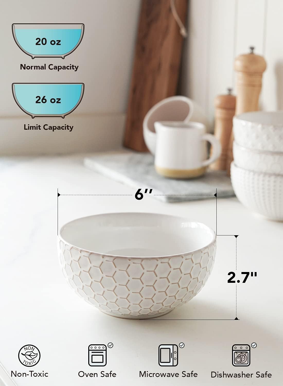 LE TAUCI Cereal bowls 26 oz, Ceramic Soup Bowl for Kitchen, Embossment Stoneware Bowl for Pho, Chip, Fruits, Salad, Noodle, Ramen, Suit For Housewarming - 6 Inch, Set of 4, Arctic white