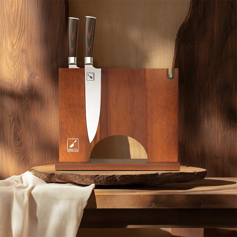 Magnetic Knife Block, Magnetic Knife Holder with Double Sided Magnetic Design, 12×10 Inches Knife Stand with Knife Sharpener, Acacia Wood Knife Storage for Kitchen Counter