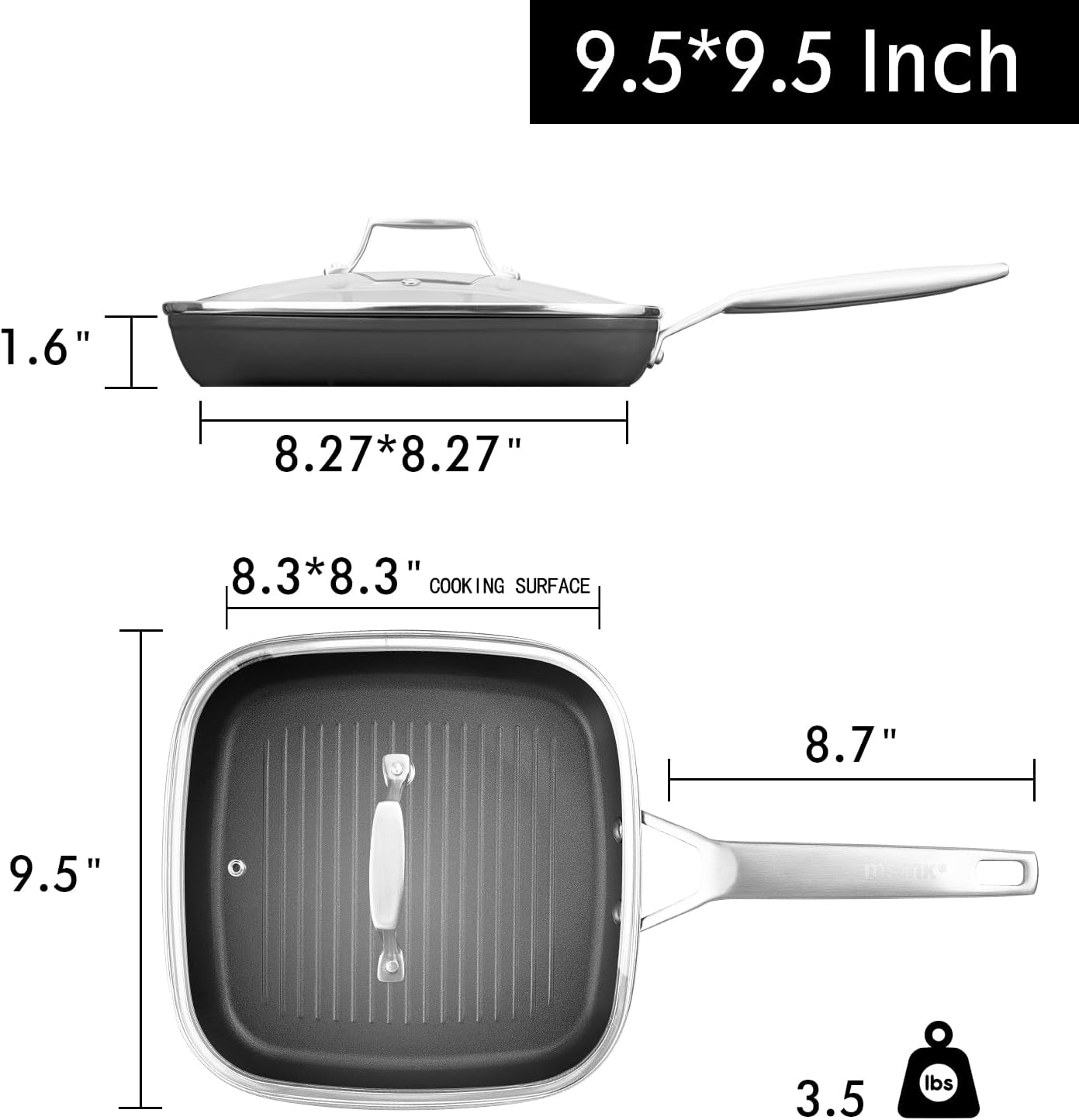 MsMk Square Grill Pan with Lid, 9.5 Inch Titanium and Ceramic Nonstick Grilling Skillet Pan，Stay-Cool Handle，Compatible with All Stovetops，PFOA Free，Dishwasher & Oven Safe，Indoor Chicken Skille