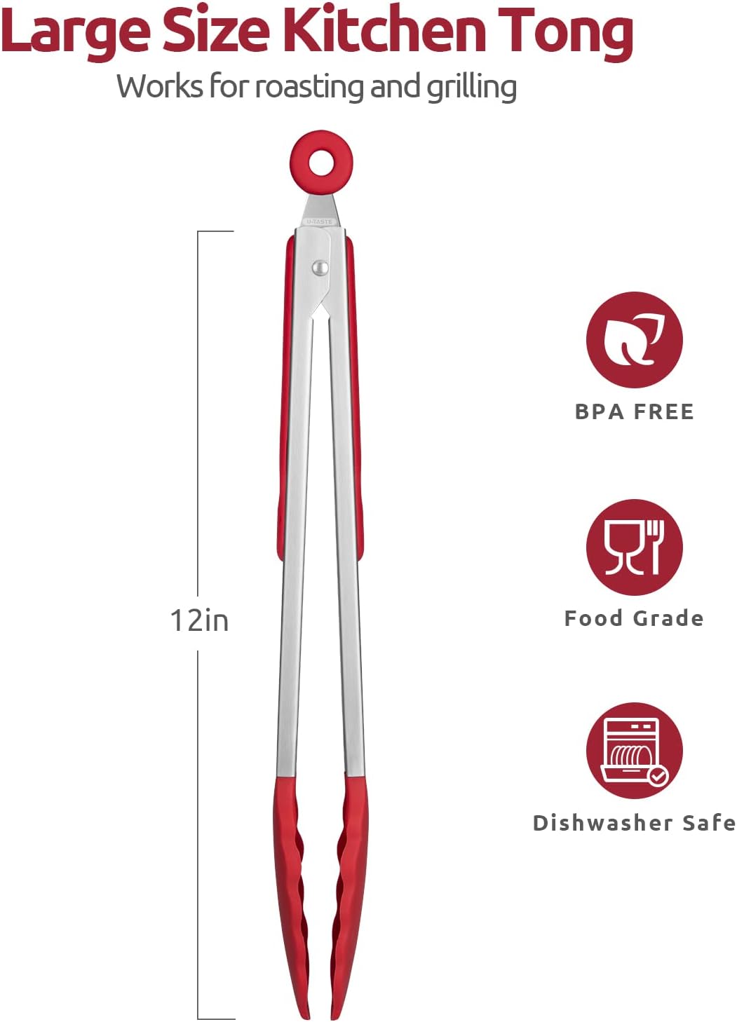 600ºF Heat Resistant Kitchen Tongs: U-Taste 12 inch Large Silicone Cooking Tong with Sturdy Non Stick Rubber Tips & Silicon Coated 18/8 Stainless Steel Handle & Smooth Locking for Serving Grill (Red)