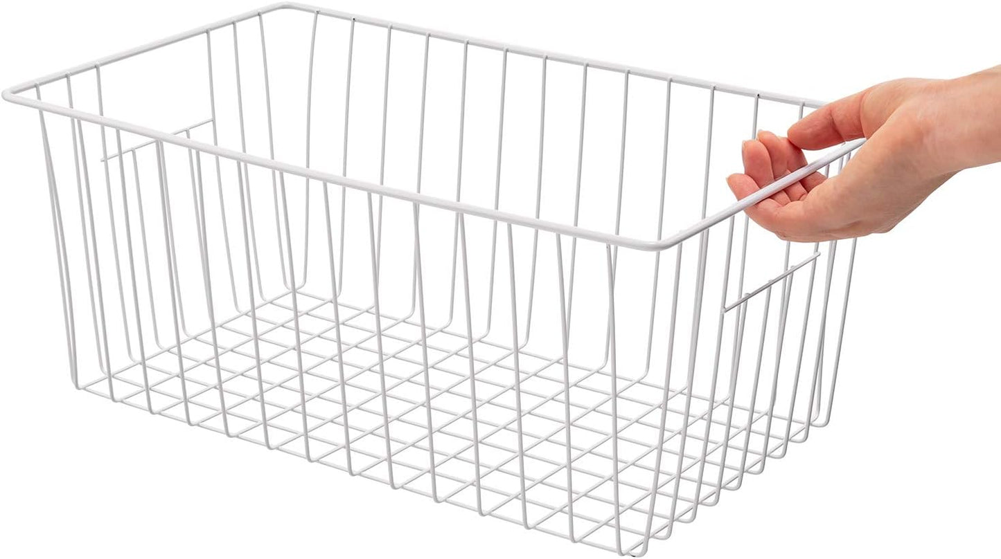 16Lx12Wx6H inch Wider Freezer Organizer Baskets Container, Refrigerator Metal Wire Storage Bins with Handles for Kitchen, Pantry, Cabinet, Closets - Pearl White(3 Packs)