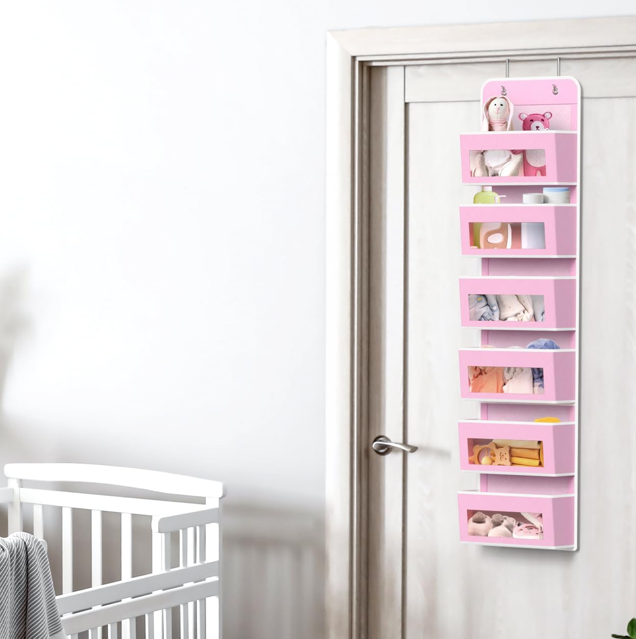 Simple Houseware 6 Clear Window Pocket Over Closet Door Storage Hanging Organizer for Bedroom, Bathroom, Pantry, Pink