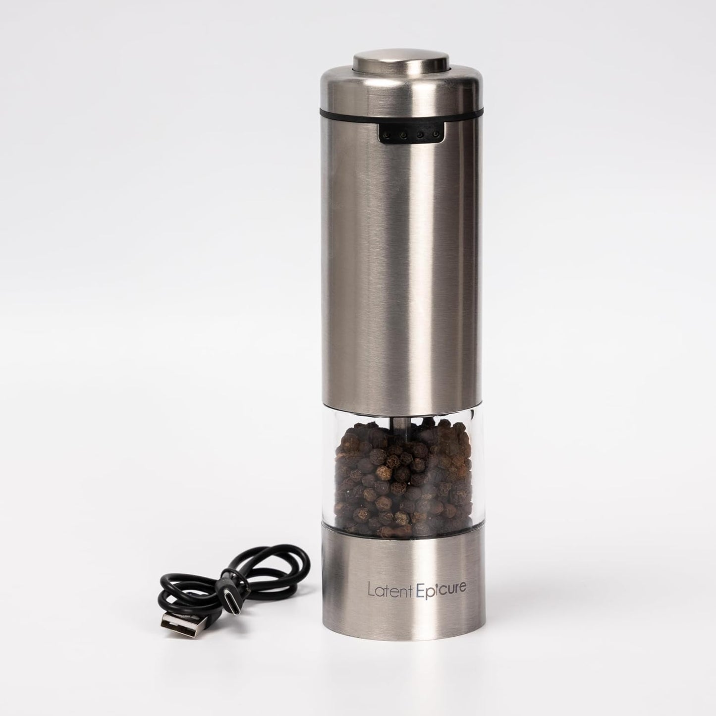 Electric Salt and Pepper Grinder (SINGLE) - Rechargeable USB-C - Stainless Steel Salt, Pepper or Spice Mill with LED Light - One Handed Operation - Adjustable Ceramic Grinders