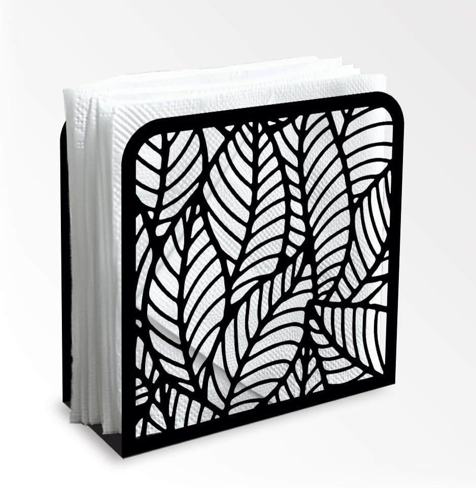 Morden Leaf Decorative Black Metal Napkin Holder for Table, 4.9" x 4.9" x 1.9" Standing Napkin Holder for Home Kitchen Restaurant Picnic Party Coffee Bar Dining Room