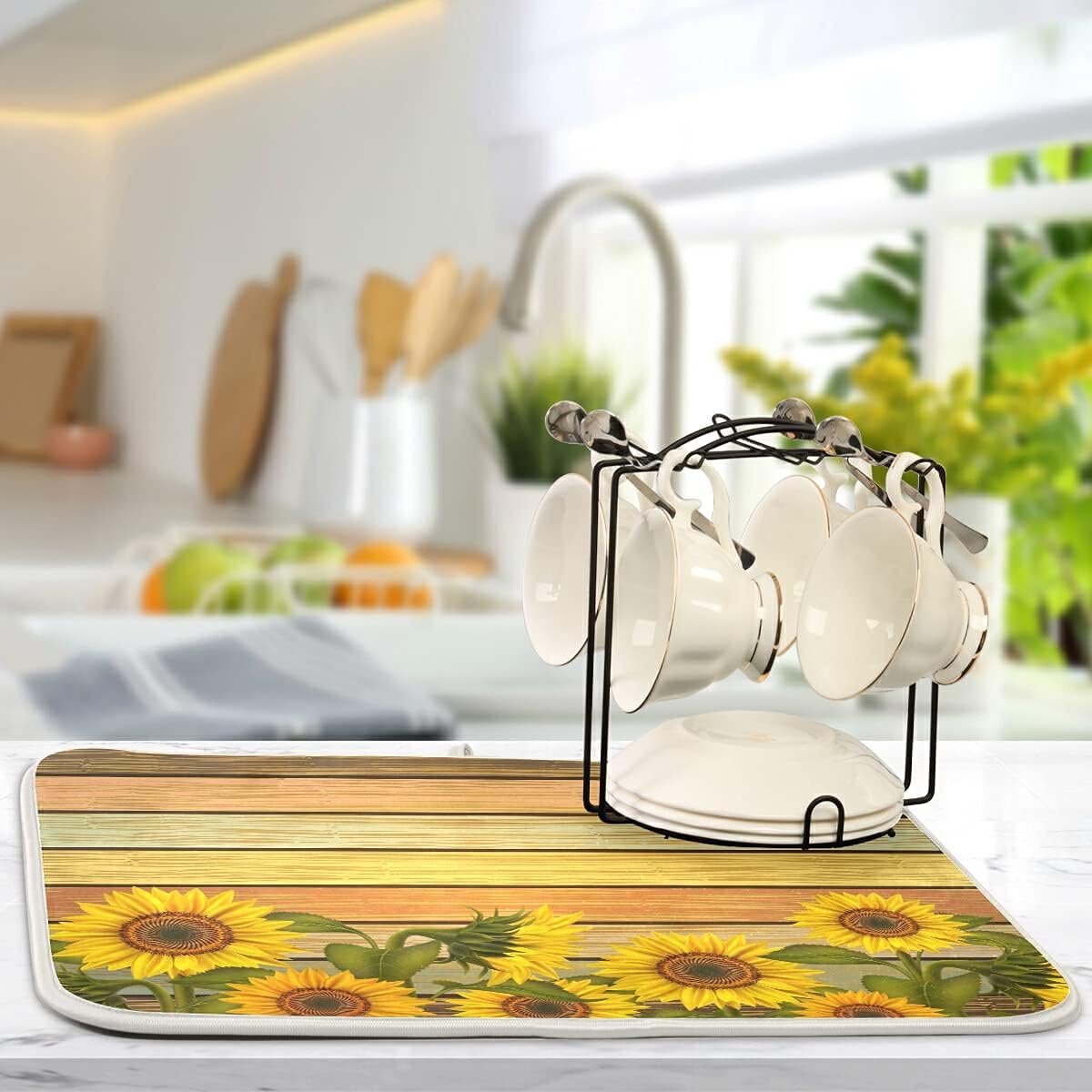 Super Absorbent Dish Drying Mat, Microfiber Fast-Drying Dish Mat, 24" x 18", Kitchen Dish Drying Pad, Sunflower On Wooden Board Vintage