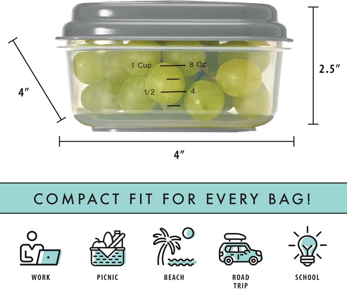 Fit & Fresh Small Plastic Containers With Lids 8 oz, Small Snack Containers With Lids, Reusable Leakproof Dressing and Condiment Containers With Two Attachable Ice Packs, 4PK, Light