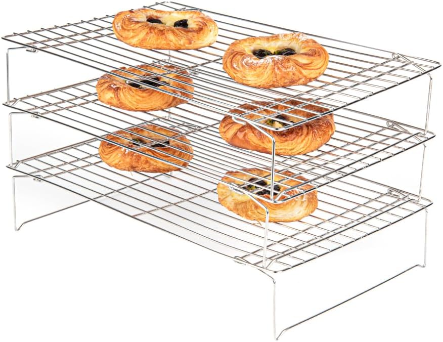 Restaurantware Met Lux 15.7 x 9.8 x 8.3 Inch Wire Baking Rack Set 1 Dishwashable Oven Wire Rack Set - 3-Tier Design Oven-Ready Up To 575F Stainless Steel Cooling Rack Set With Collapsible Feet