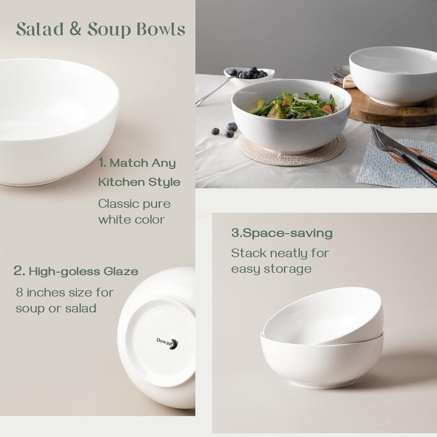 DOWAN Salad Bowls, Large Pho Bowls, 8" White Centerpiece Bowls for Nut, Pasta, Soup, Side Dishes, Ramen, Fruit, Kitchen Decor, Microwave & Dishwasher Safe, 56 Ounce