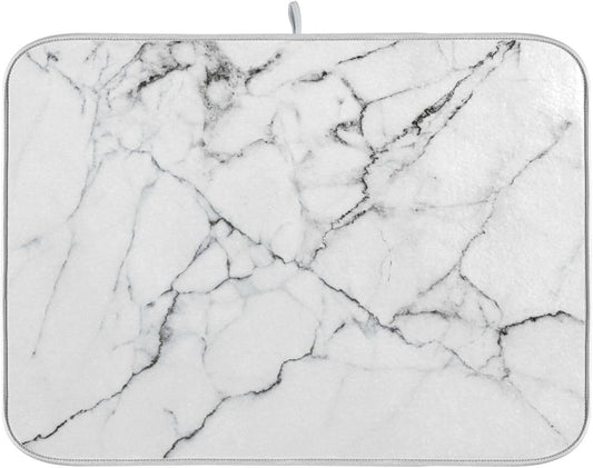 White Grey Marble Dish Drying Mat for Kitchen Counter Absorbent Microfiber Drying Pad, Medium 16x18 in, Reversible Drainer Mats