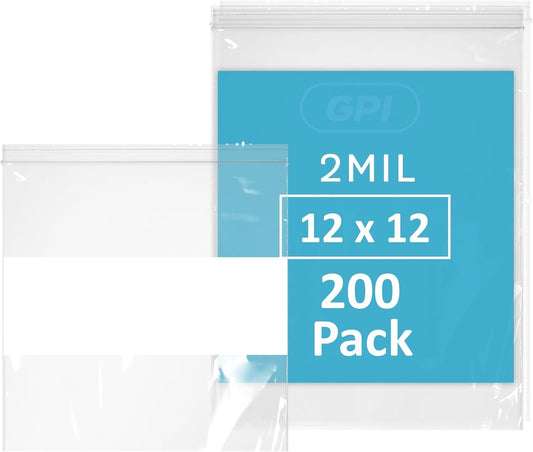 12" x 12" Large Zip Bags, 2 Mil Thick Clear Plastic Reclosable Zipper Lock Bags with Write-on White Block, with Resealable Zip Top Lock for Food Storage & Office Supplies, 200 Count