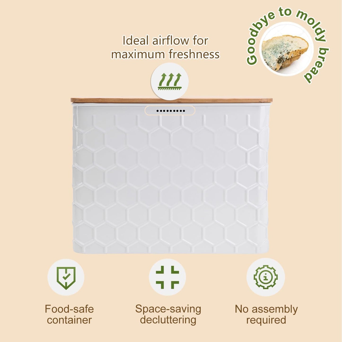 NIKKY HOME Extra Large Space Saving Farmhouse White Bread Box With Bamboo Lid - Holds 2 Loaves - Vertical Breadbox Bread Storage Bin Holder for Kitchen Countertop, Honeycomb Embossed Pattern