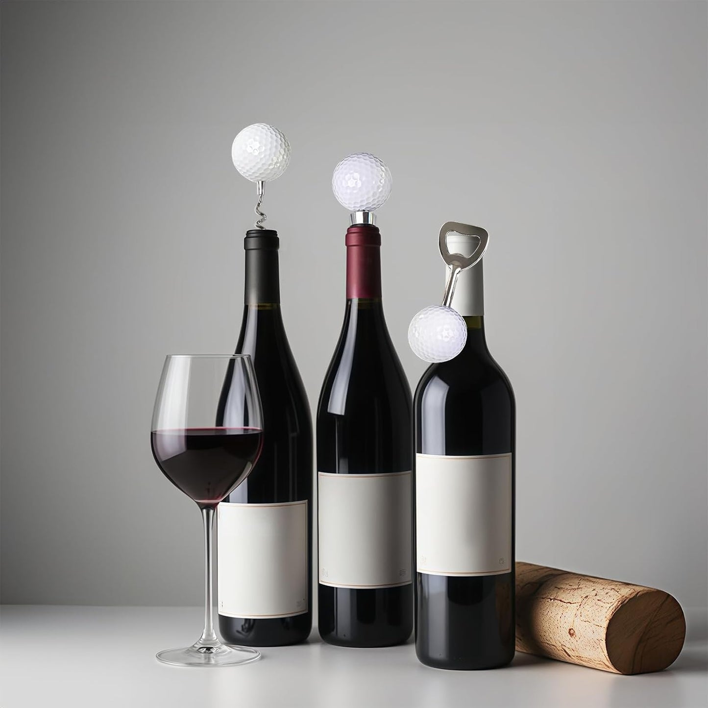 Golf Ball Wine Bottle Opener and Stopper Set (3 PCS), Zinc Alloy Wine Accessories with Stylish Golf Ball Design (1 Wine Bottle Opener and 2 Stoppers), Gift for Golf Enthusiasts