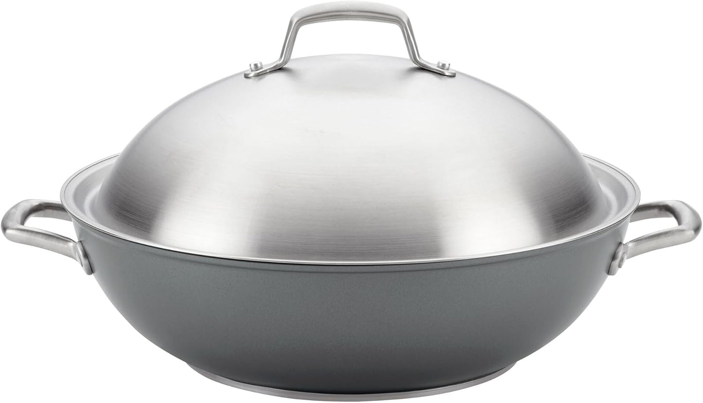 Anolon Accolade Forged Hard Anodized Nonstick Wok / Stir Fry Pan with Lid, 13.5 Inch - Moonstone Gray