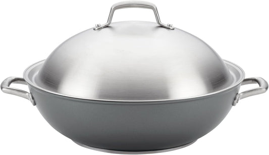 Anolon Accolade Forged Hard Anodized Nonstick Wok / Stir Fry Pan with Lid, 13.5 Inch - Moonstone Gray