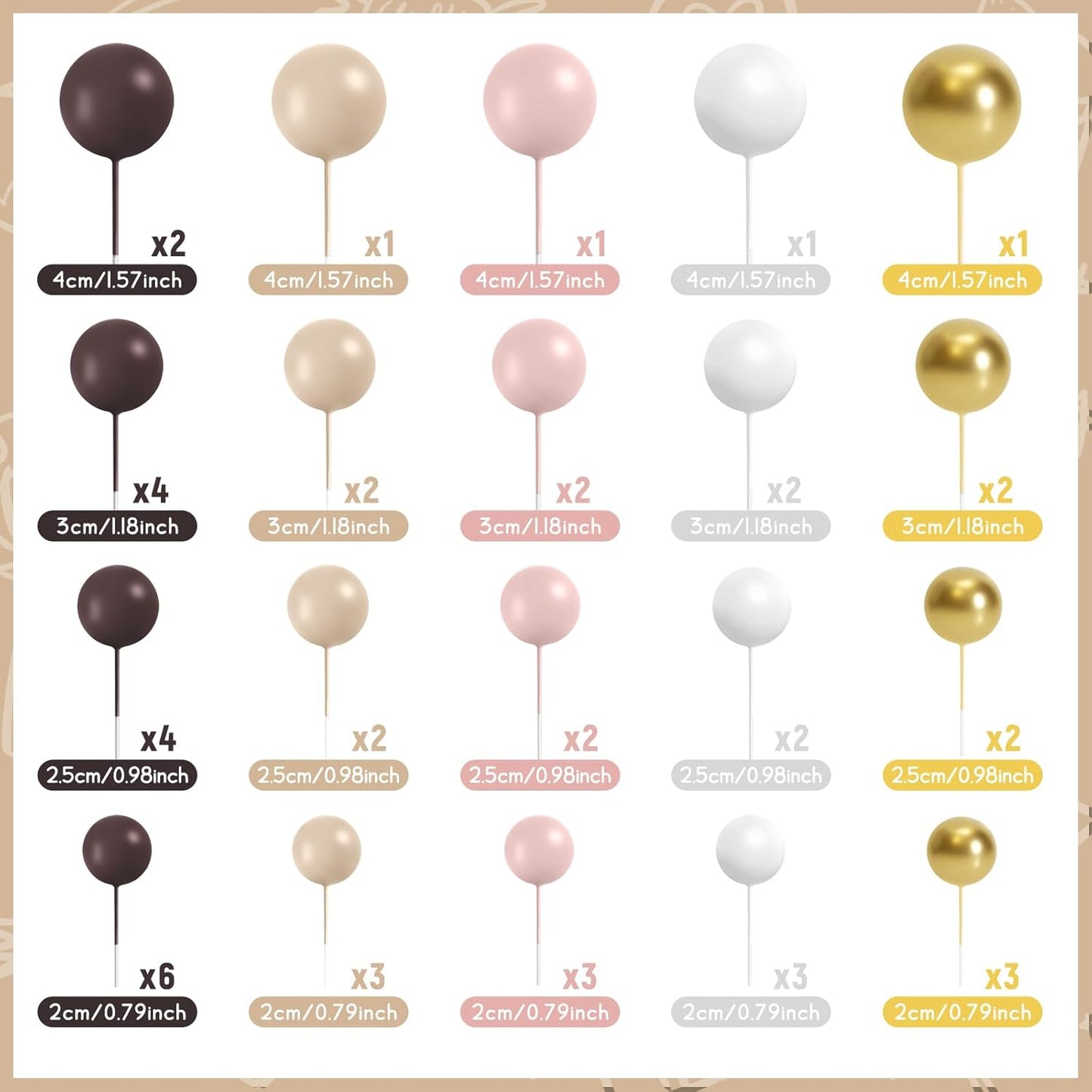 48 Pcs Balls Cake Topper Decorations Balloon Cupcake Toppers Foam Cake Topper Balls for Birthday Party Wedding Cake Decorating(Brown,White,Gold)