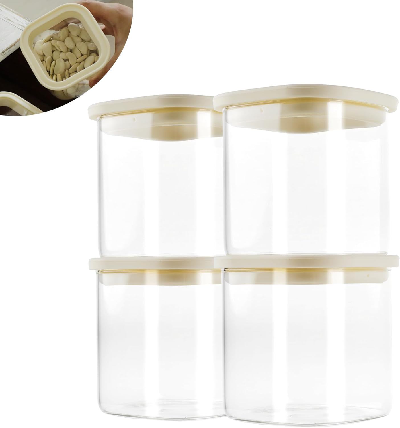 4pcs 25oz Square Pantry Glass Jars with Clear Airtight Lids Kitchen Canisters Sets for Flour, Sugar Refrigerator Safe, Patent Approved