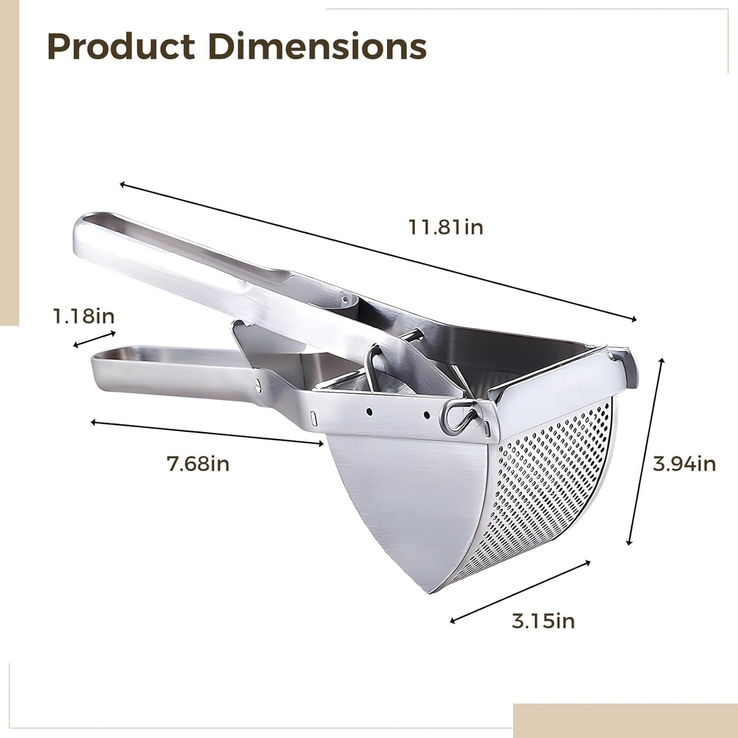 Stainless Steel Potato Ricer, Large Potato Masher, Rust-Resistant Kitchen Tool with Ergonomic and Non-Slip Handle, Versatile Food Masher for Various Ingredients